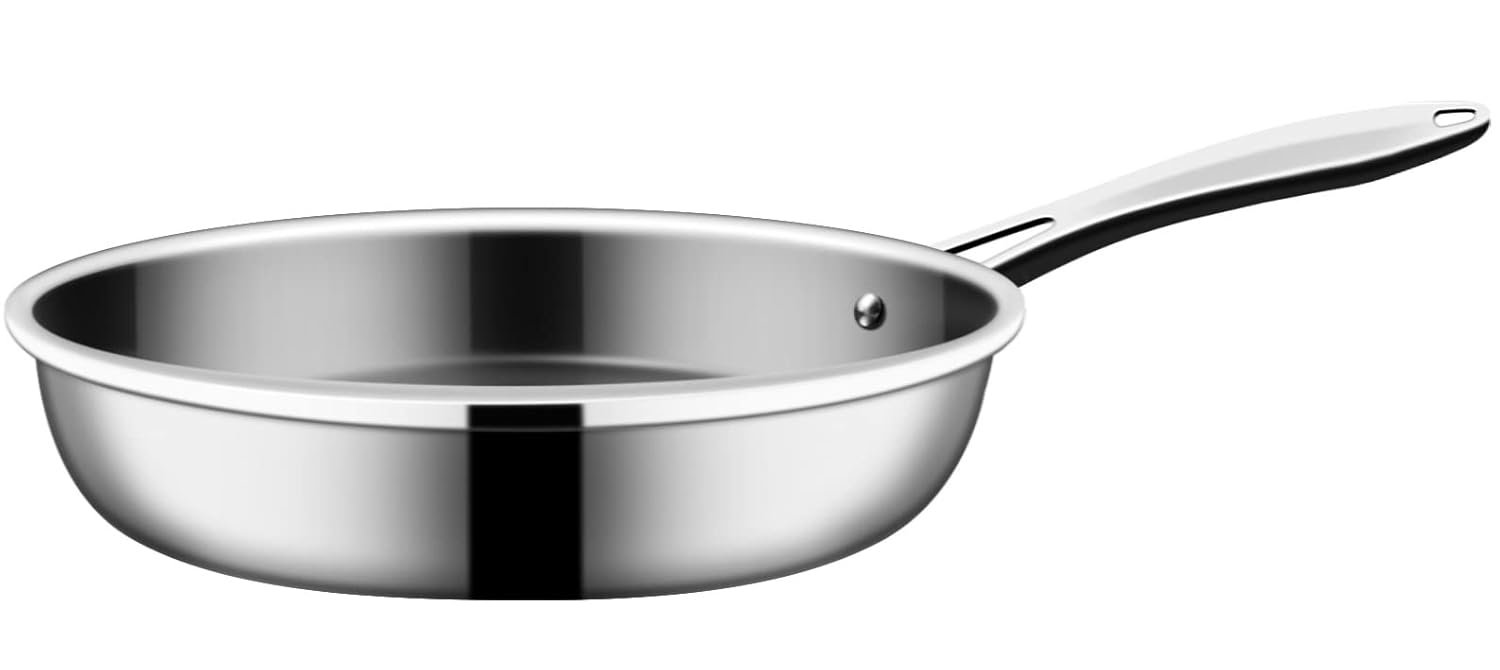 12-inch frying pan with even heating technology, three-layer 18/10 stainless steel construction, sturdy and durable.