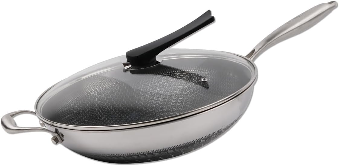 14" Honeycomb Non Stick Wok Pan Stainless Steel Stir-fry Wok with Lid,Skillet with Stay-cool Handle Free Suitable for Induction, Ceramic, Electric, and Gas Cooktops (Sliver, 14 Inches) - Image 2