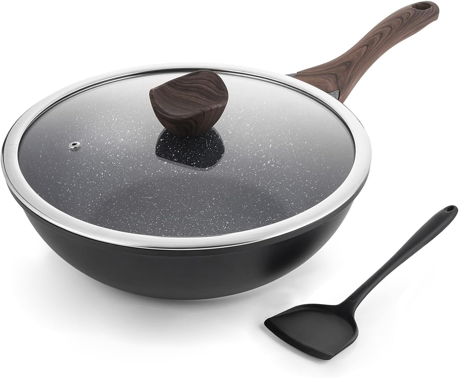 Non-stick frying pan with lid, 12-inch frying pan/skillet, granite coating, suitable for induction cooktops, compatible with all stovetops.