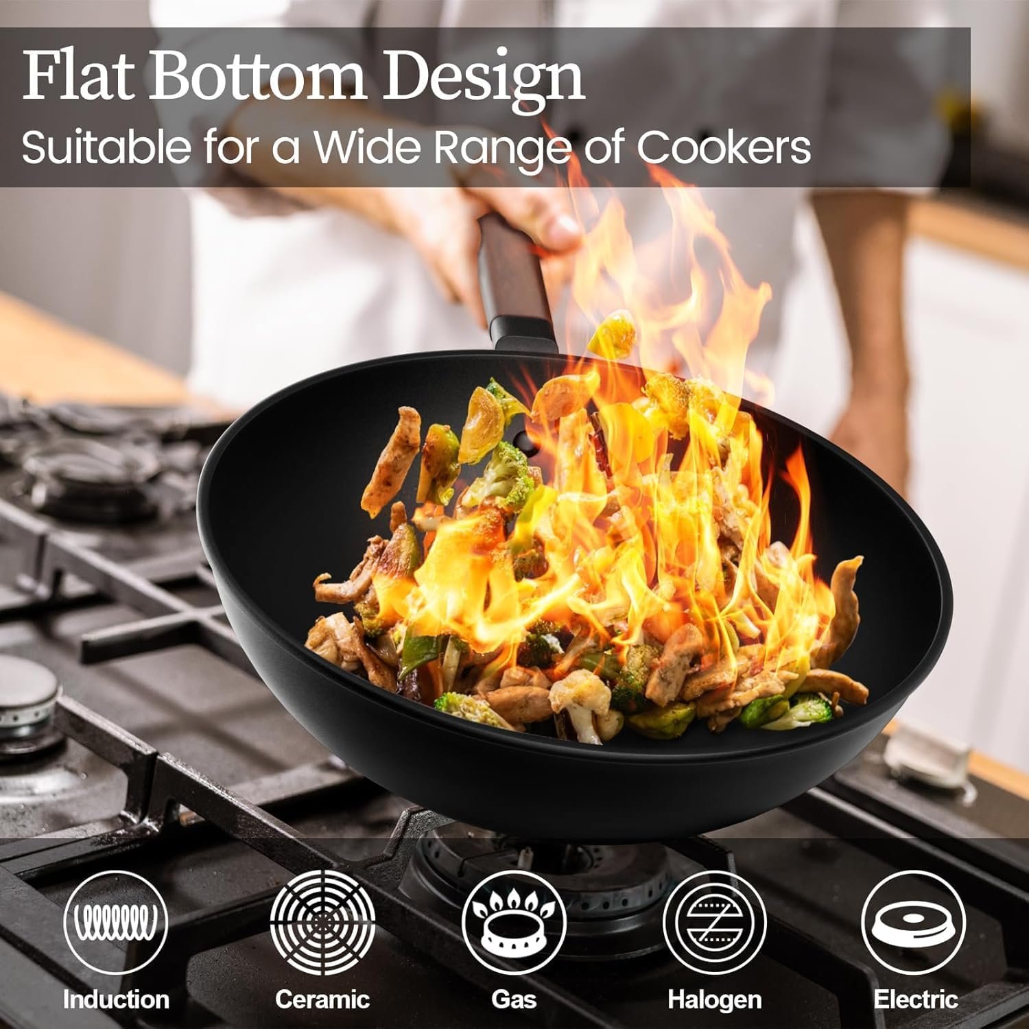 Carbon Steel Wok - Including Glass Cover and Silicone Spatula, 13-Inch Woks & Stir-Fry Pans for Induction, Electric, Gas Stoves - Image 2