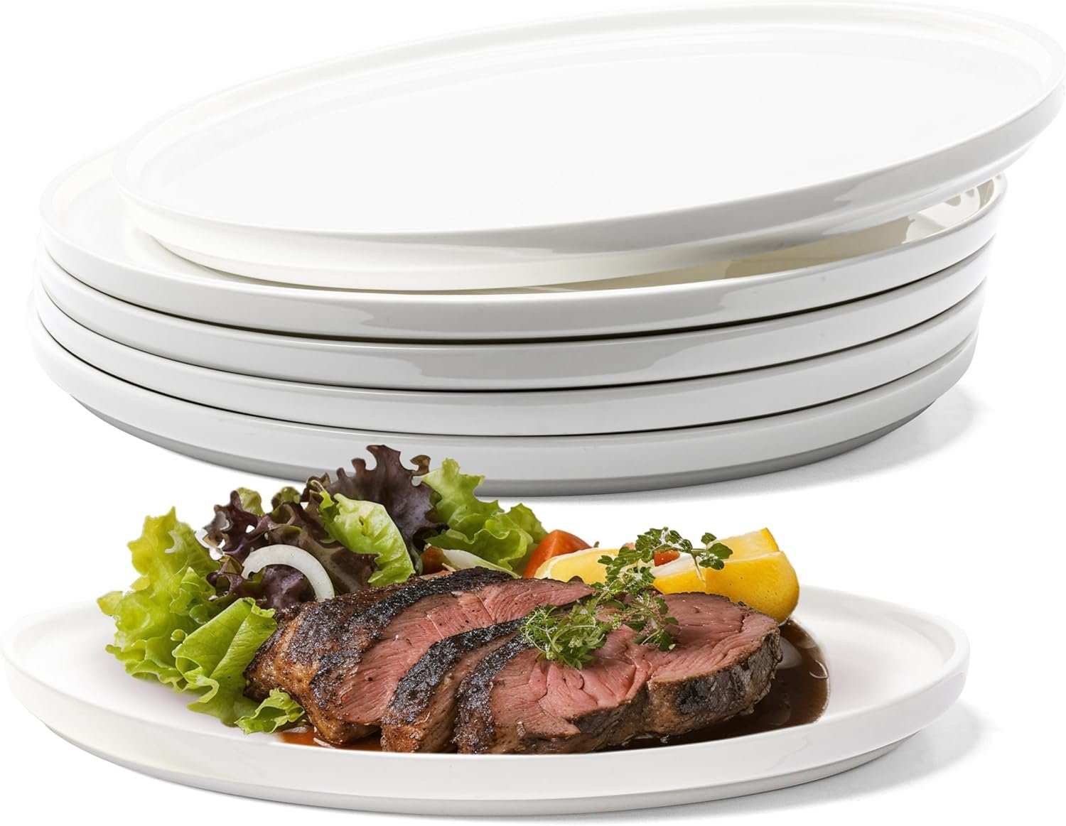 Dinner Plate, Set of 6 White Plates, Elegant Bone China with Raised Rim, Stackable 10 Inch Dinner Plates, Dishwasher Safe
