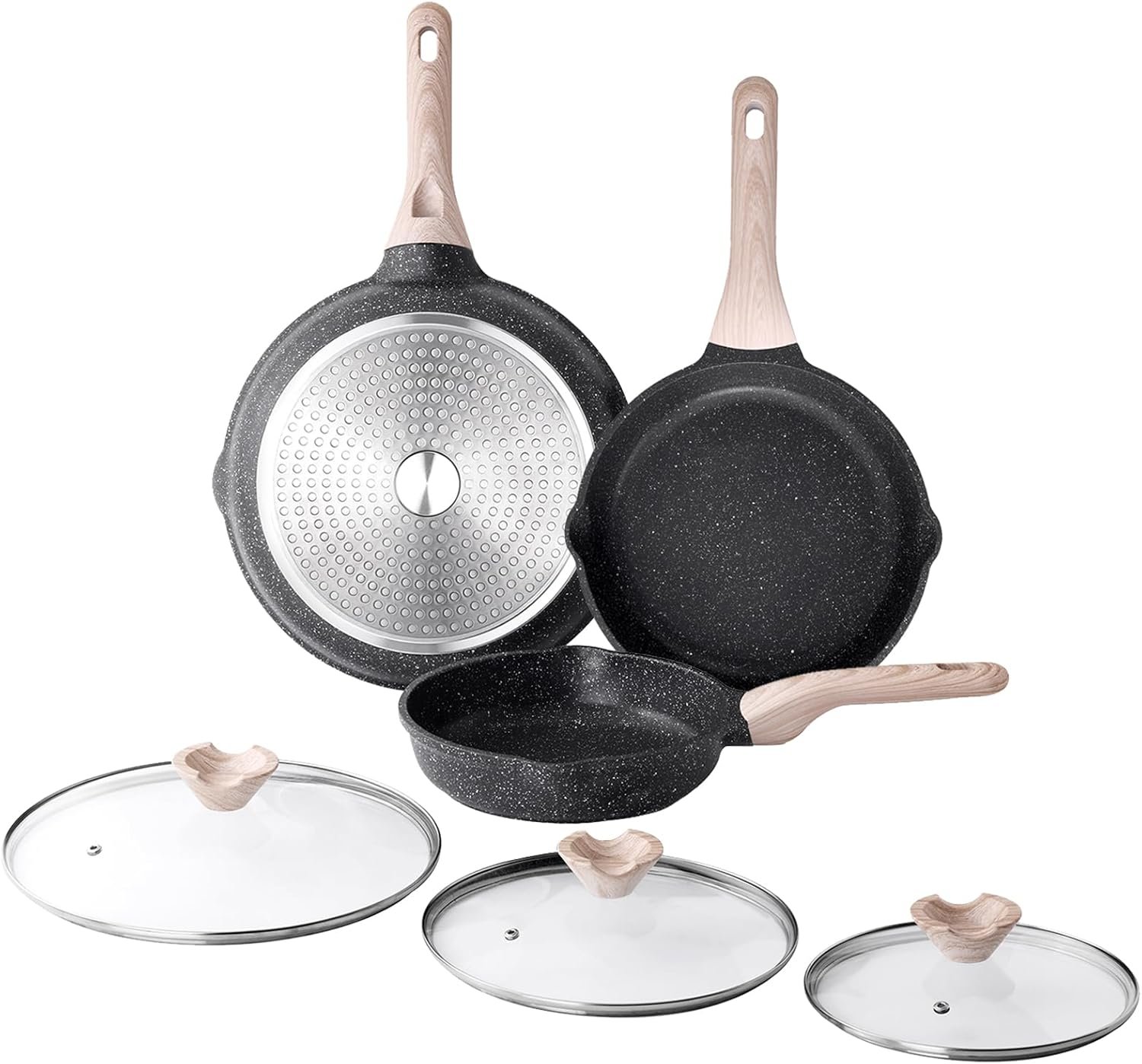Non-stick frying pan set with lid, 3-piece frying pan set, suitable for induction cooktops, heat-resistant handles, compatible with all stovetops.