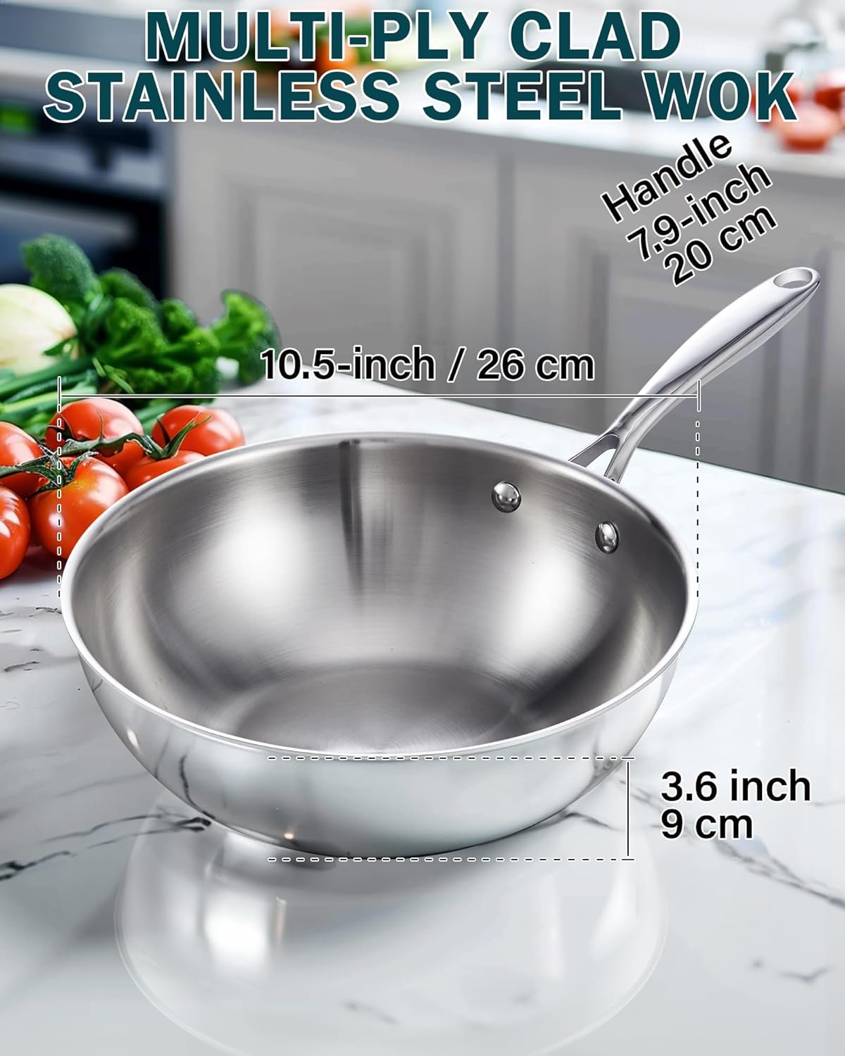 Multi-Ply Clad Stainless Steel Wok Stir Fry Pan, 10.5 inch Induction Wok with Lid, Flat Bottom Wok, Silver - Image 2