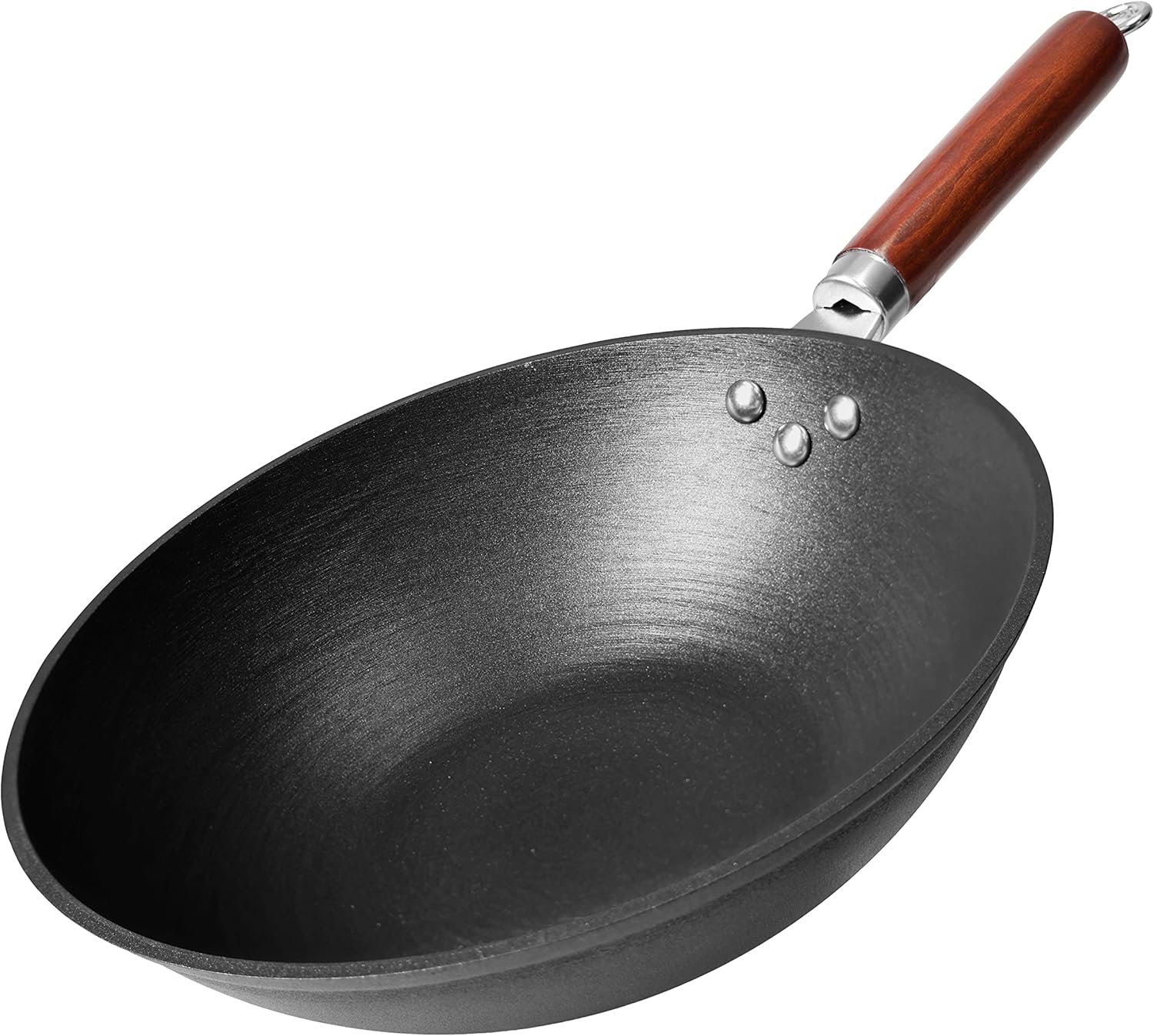 Wok, Stir Fry Pan, Wooden Handle, 11 Inch, Lightweight Cast Iron, chef’s pan, pre-seasoned nonstick, for Chinese Japanese and other cooking