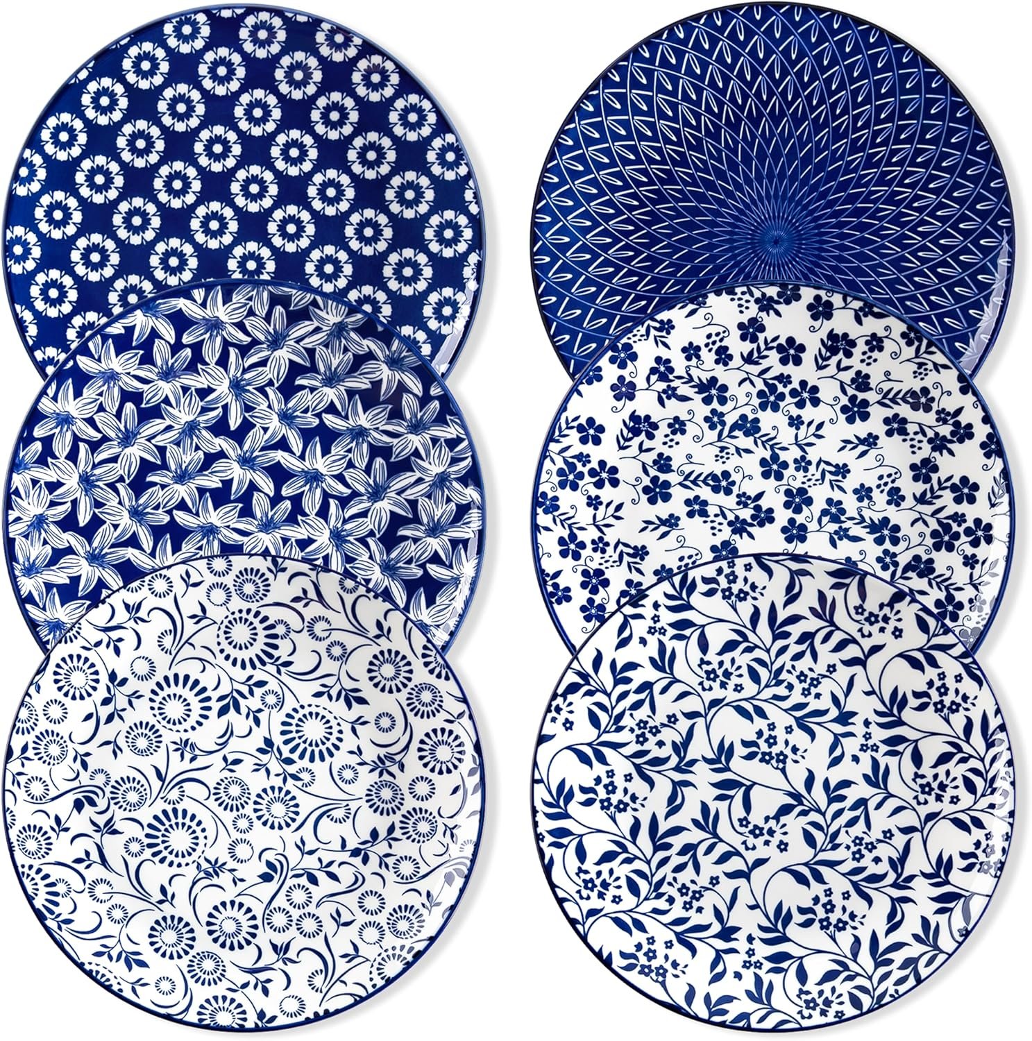 Ceramic Dinner Plates Set of 6, Large Vintage Plates 10.25 Inch Set of 6 for Kitchen, Porcelain Blue and White Plates for Kitchen, Microwave Oven Dishwasher Safe, Vintage Gift, Blue